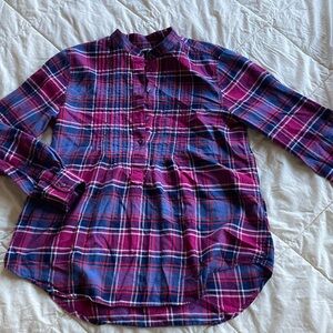 Lands End Cotton Pin Tuck Long Sleeve Plaid Blouse